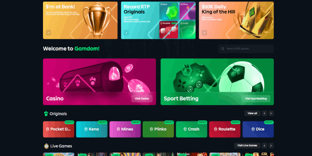 Interfaccia della piattaforma Gamdom che mostra slot machine e grafiche di criptovalute