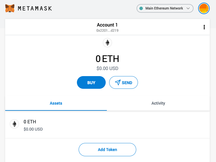 Schermata principale di MetaMask