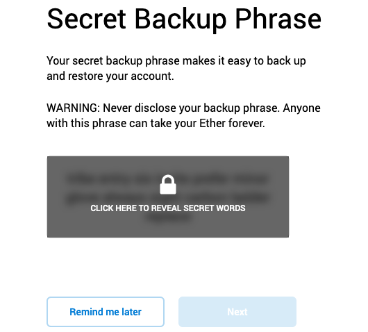MetaMask backup phrase screen