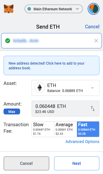 Schermata di transazione MetaMask