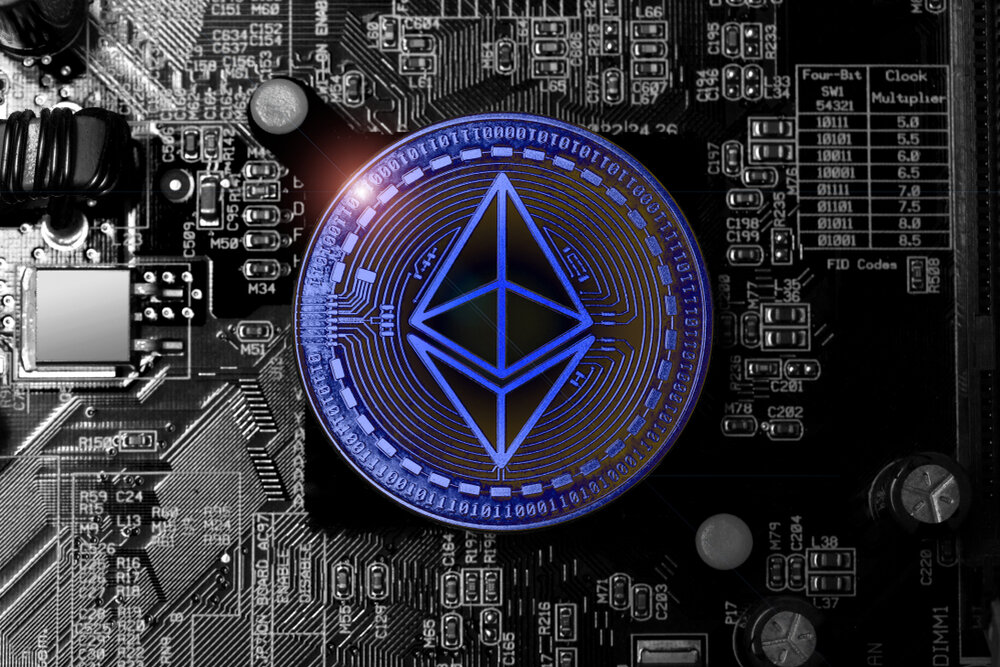 Ethereum coin on a motherboard