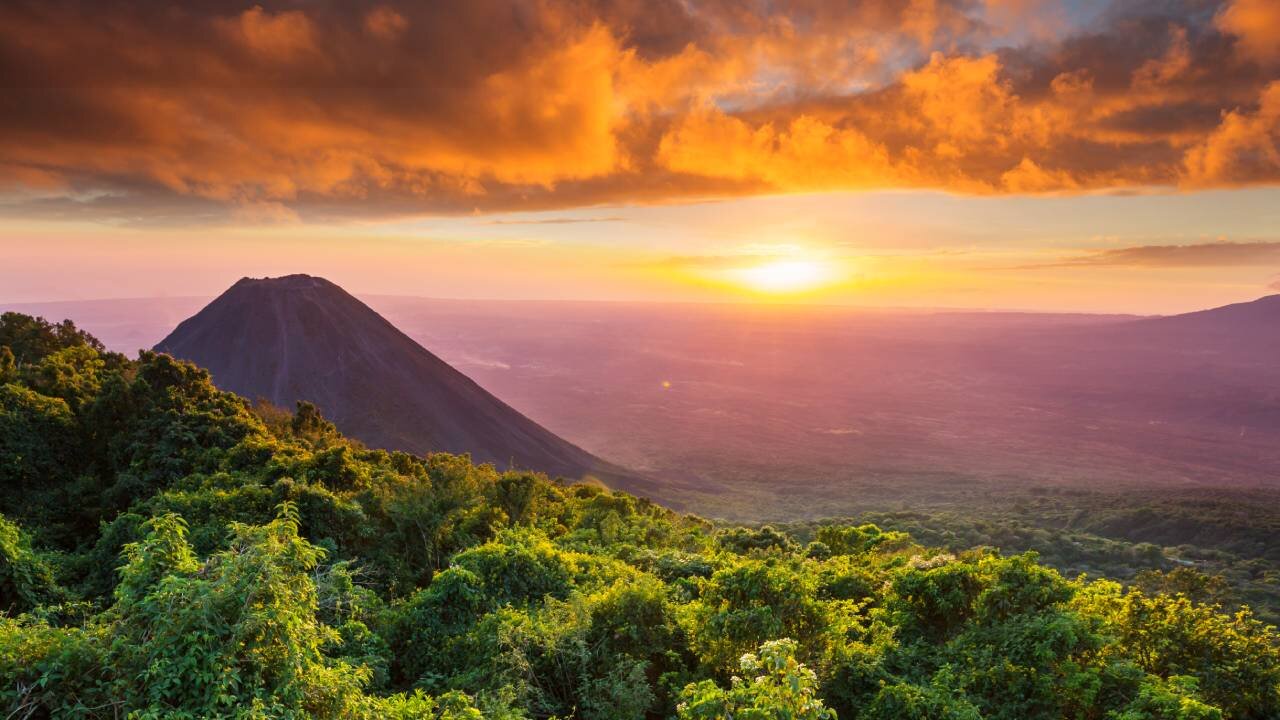 Sun setting over volcano in Cerro Verde National Park, El Salvador