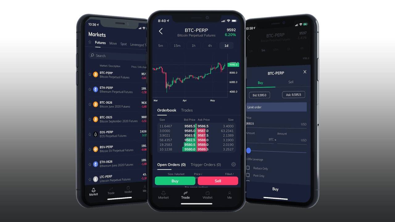 Three smartphones displaying FTX app