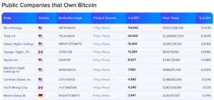 Table of different companies and their Bitcoin holdings.