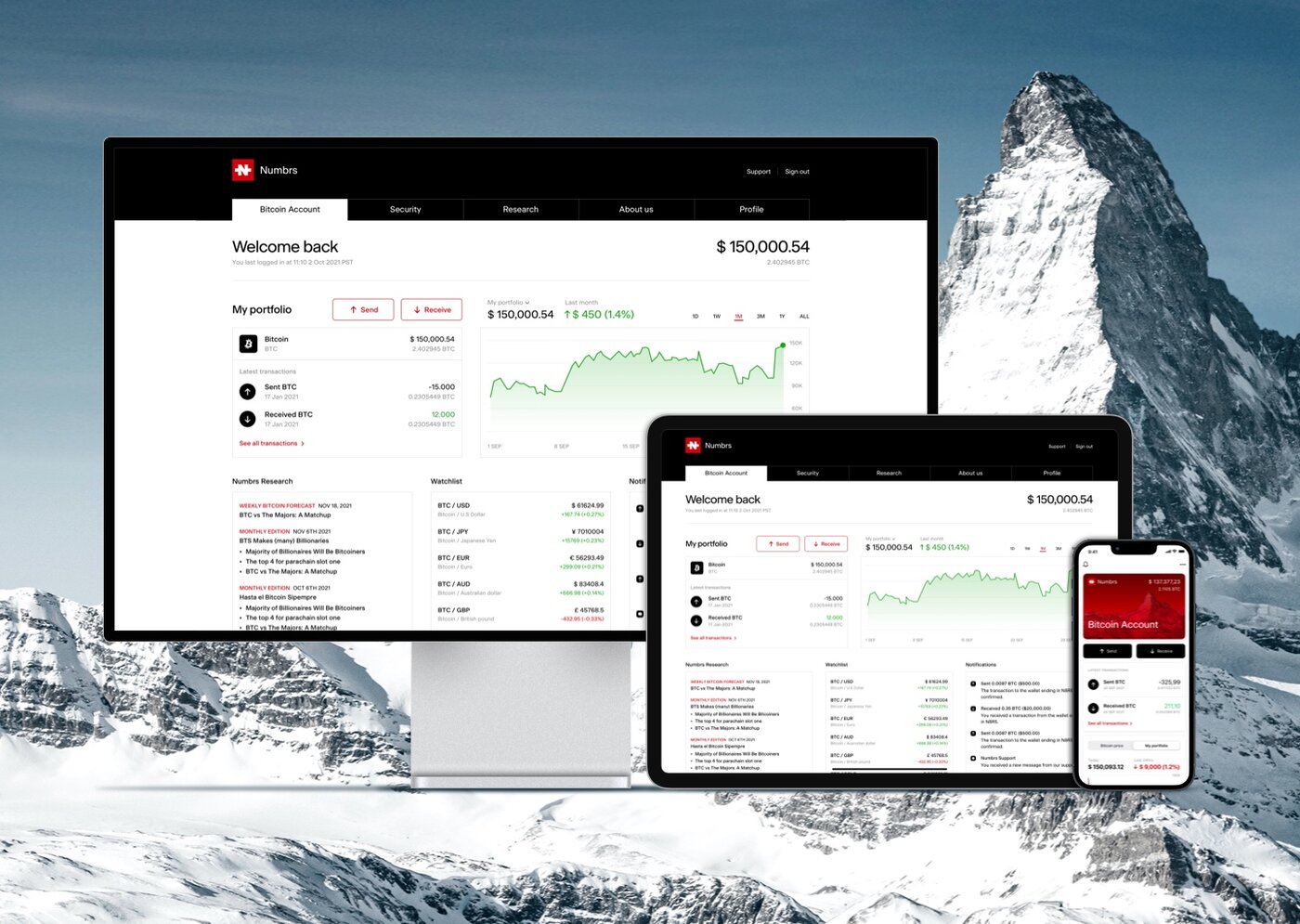 Screenshots of finance app against backdrop of mountain