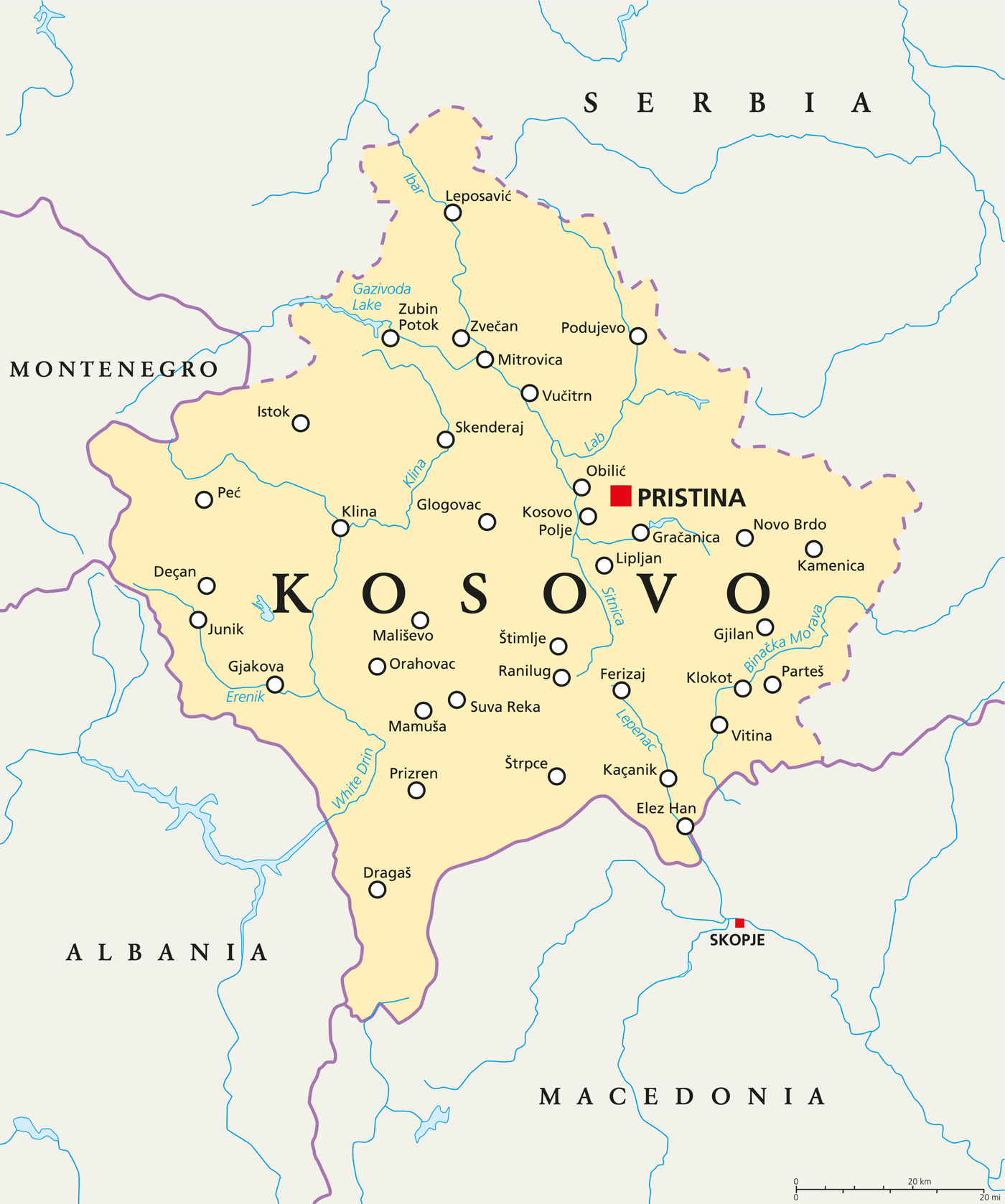A map of Kosovo in Europe.