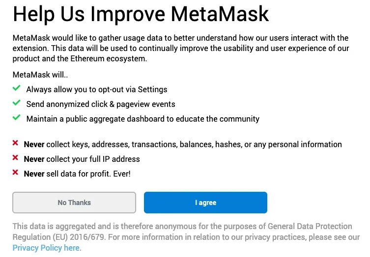 “帮助我们改进 MetaMask”屏幕