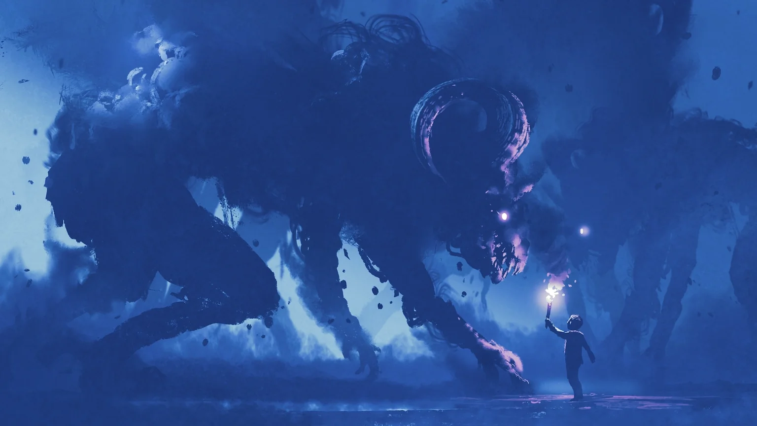 dark fantasy concept showing the boy with a torch facing smoke monsters with demon's horns, digital art style, illustration painting; Shutterstock ID 695511787; Client/Licensee: decryptmedia