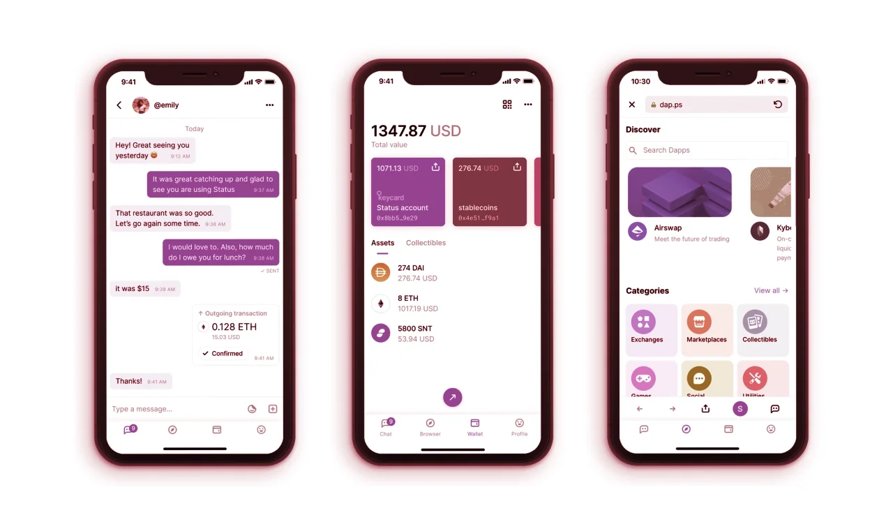 Status combines peer-to-peer IM with a crypto wallet and Web3 browser (Image: Status)