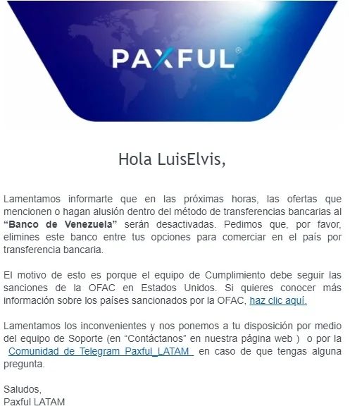 Screenshot of the email sent by Paxful to one of its Venezuelan customers.