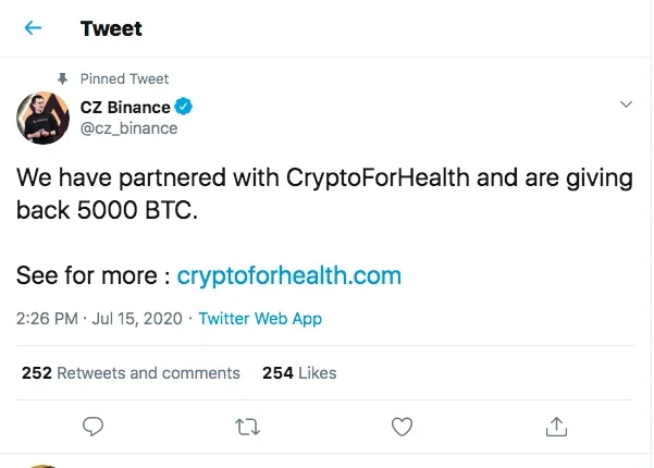 Binance CEO's tweet promoting the "CryptoForHealth" scam. Source: Twitter