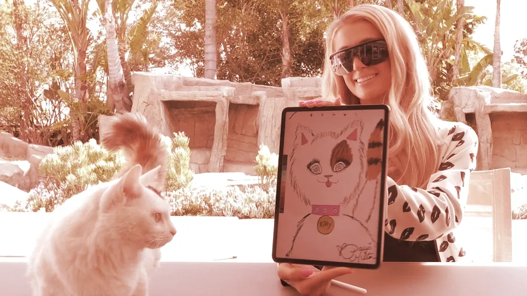 Paris Hilton convirtió una pintura de su gato Munchkin en un token no fungible de Ethereum. Imagen: Cryptograph