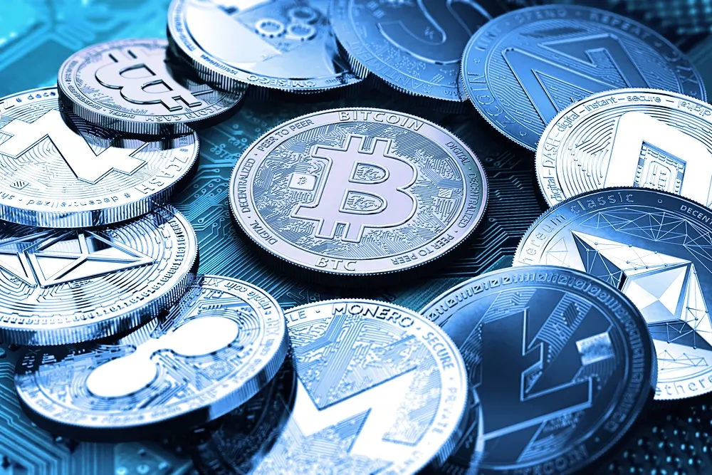 A Bitcoin surrounded by several altcoins. Image: Shutterstock