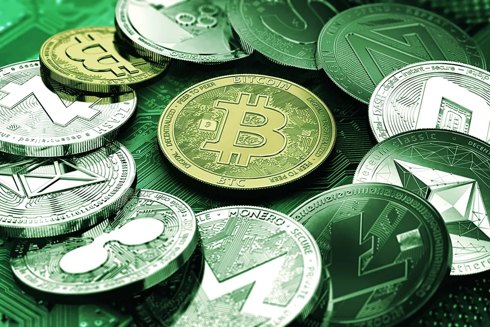 A Bitcoin surrounded by several altcoins. Image: Shutterstock