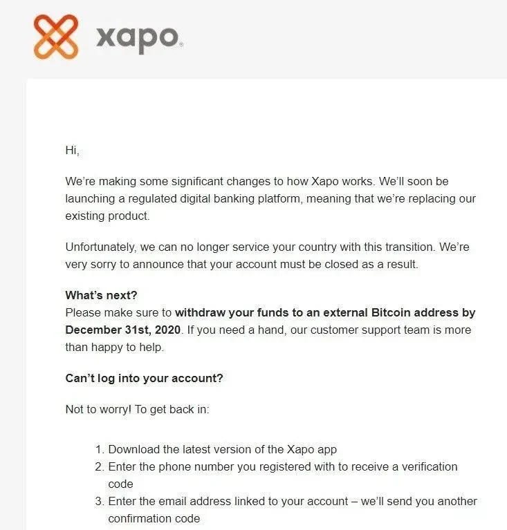 An email from Xapo sent to Venezuelan users.