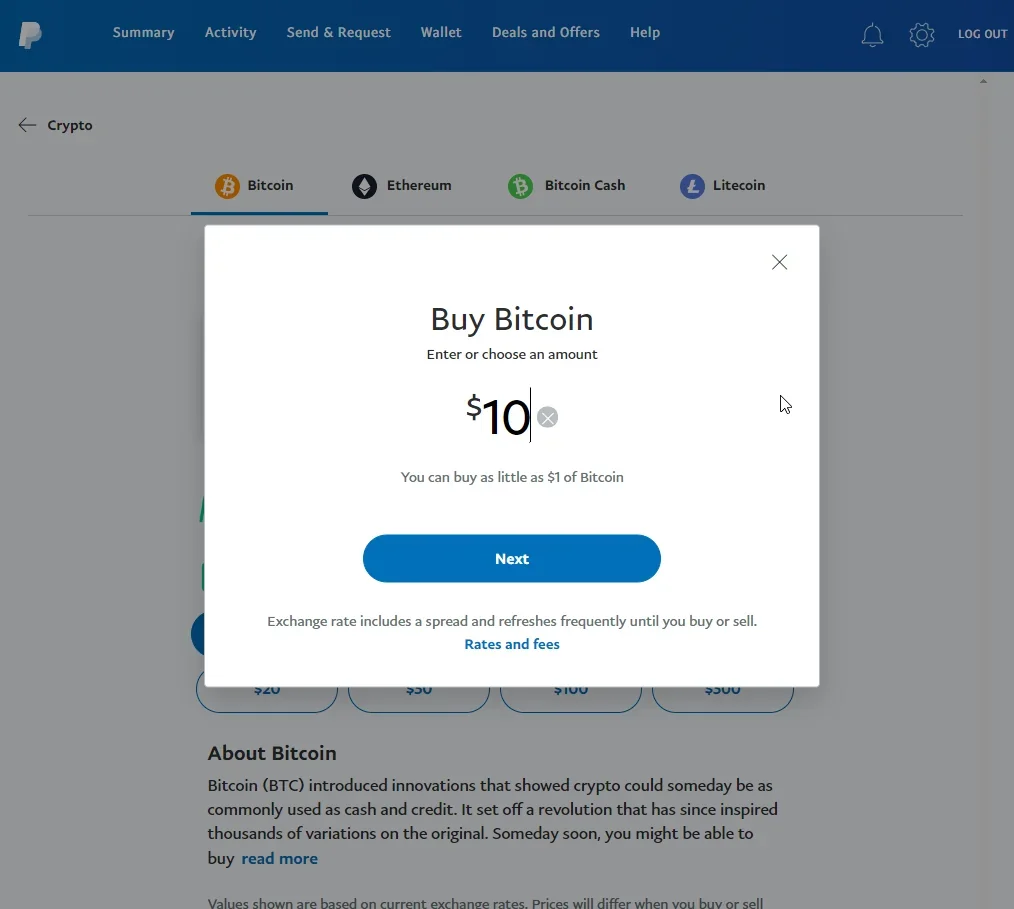 PayPal screenshot showing Bitcoin purchase