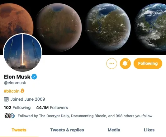 Elon Musk's bio reads: Bitcoin