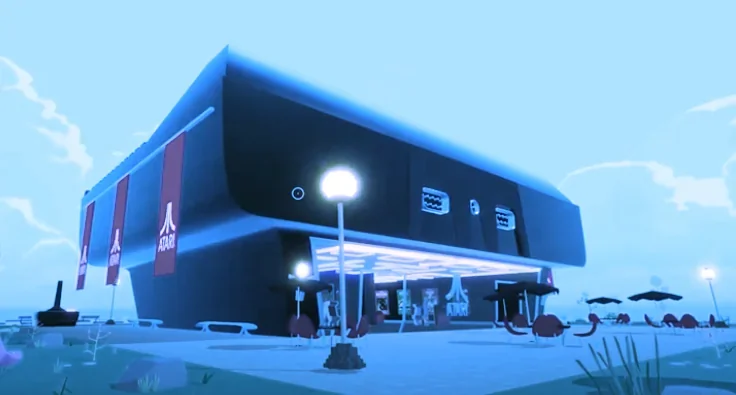 Atari's virtual casino even features ports at the back of the building. Image: YouTube/ Peanutbutta Decentral