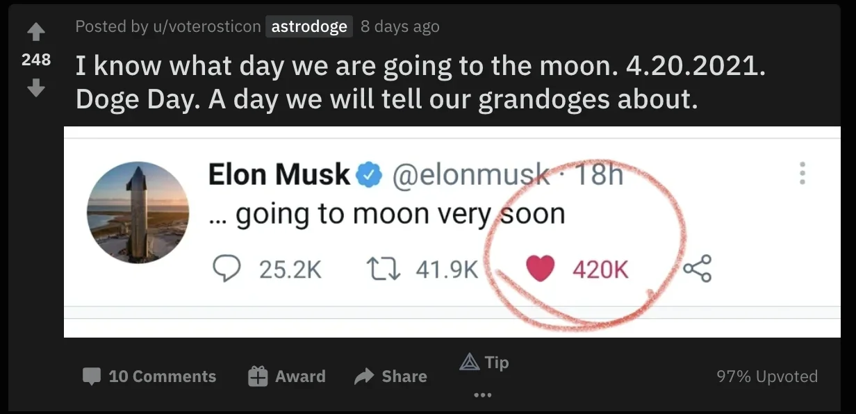Elon Musk tweet about Doge shared on reddit