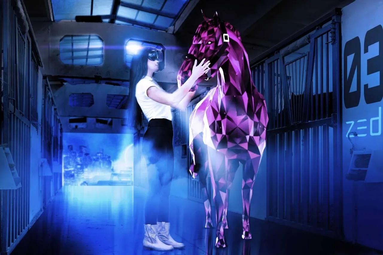 Woman in VR headset grooming polygon horse