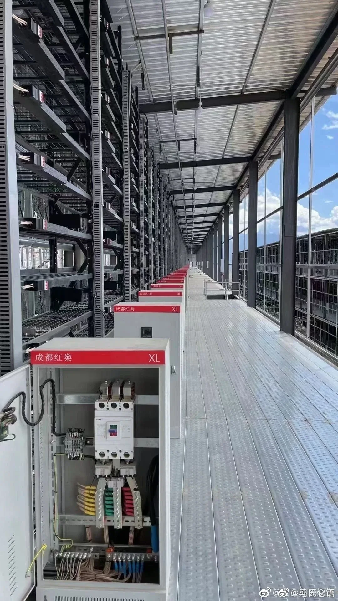 A metal platform with empty Bitcoin mining racks on the left.