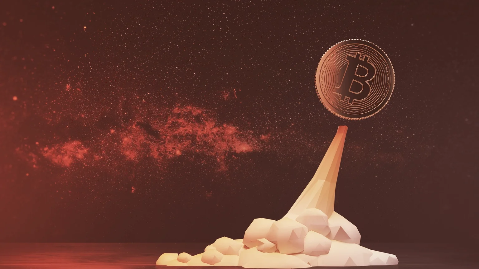 Glowing bitcoin flying like a rocket against a red open space background. Image: Shutterstock