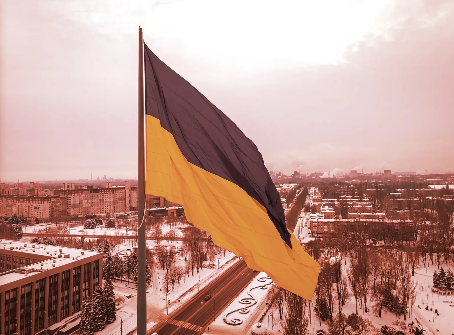 Aerial view of the Ukraine flag in winter. (Shutterstock)