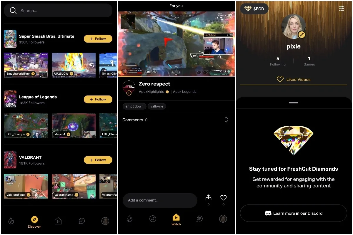 Three screenshots of the FreshCut app, which organizes game clips. Black and gold user interface.