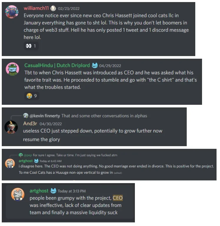 Discord messages from Cool Cats Discord server members critiquing their CEO, calling him "useless" and "ineffective."