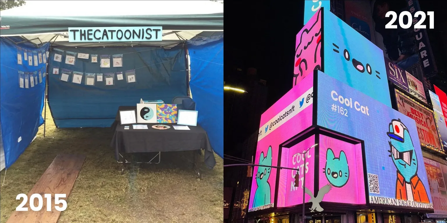 Side-by-side images showing The Catoonist art tent booth compared to the Cool Cats appearing in Times Square 6 years later.