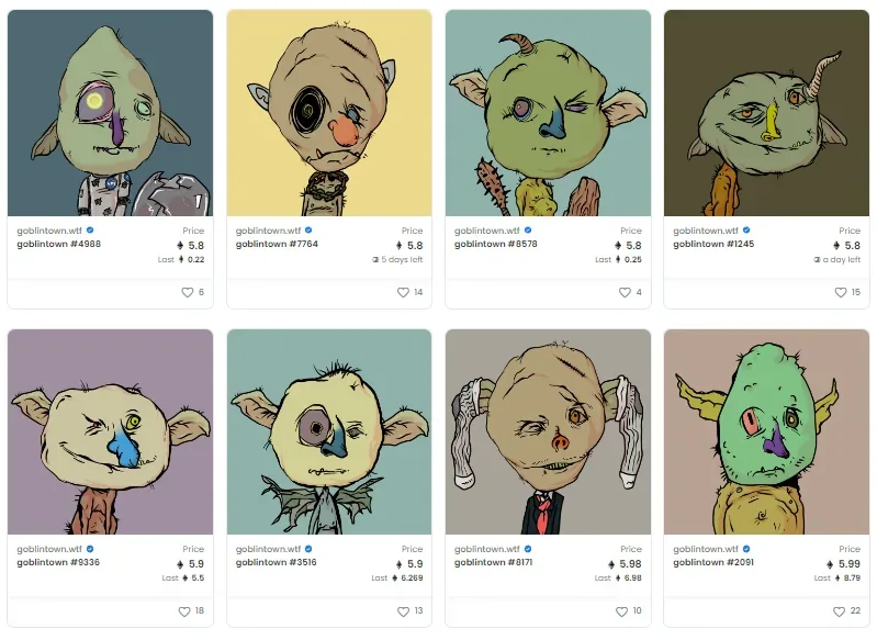Screenshot of OpenSea. Shows eight Goblin Town NFT images with deformed heads, deformed eyes, and strange facial expressions.