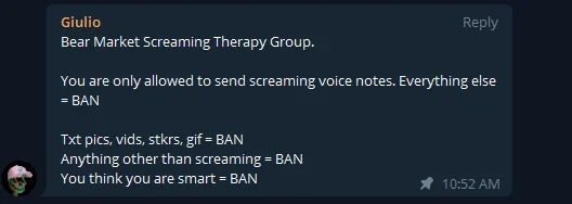 Telegram message that reads: "Bear Market Screaming Medical Group.  You are only allowed to send screaming voice notes.  Everything else = restrictions.  Text picture, video, sticker, gif = BAN.  Anything except screaming = ban.  YOU THINK YOU ARE SMART = BAN.
