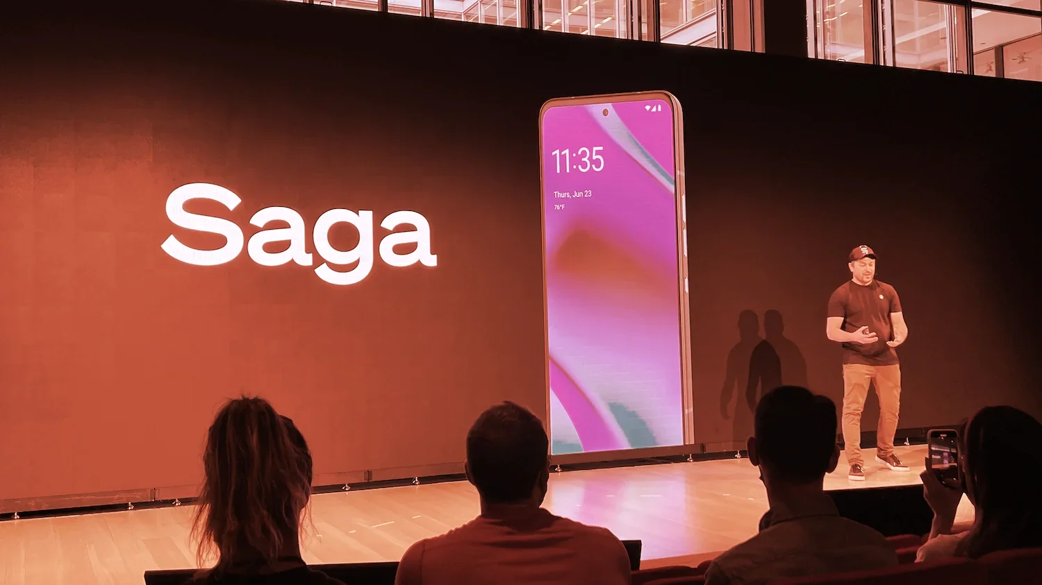 Solana co-founder Anatoly Yakovenko introduces the Saga smartphone in New York City. Image: Decrypt