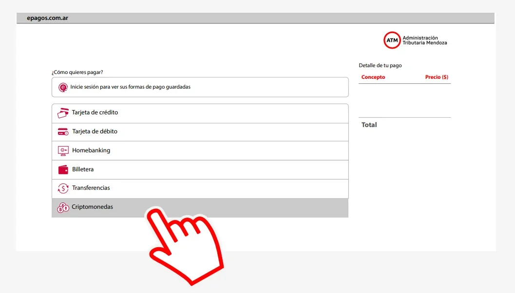 Captura de pantalla del portal de pago de impuestos que muestra la criptomoneda como opción de pago.