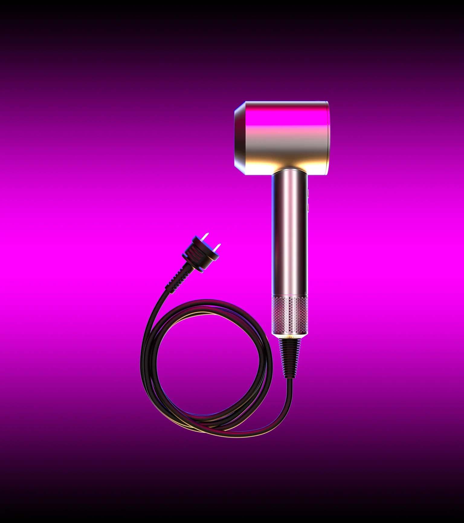 Pink gradient background with 3D rendering of a Dyson hairdryer.