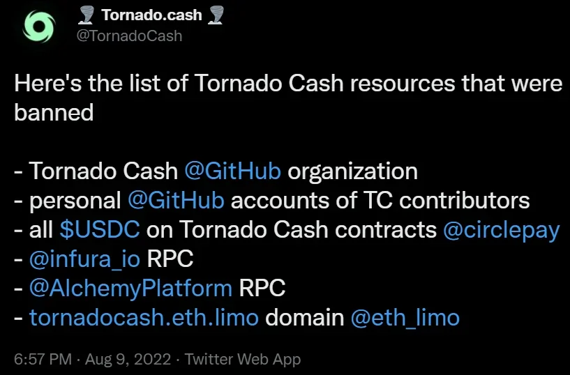 A screenshot of a tweet from Tornado Cash.