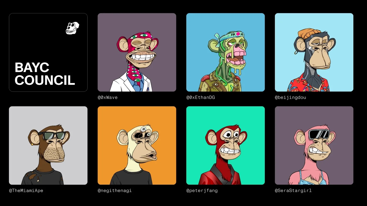 Image from the BAYC board showing seven photos of 2D cartoon monkeys with different colored fur.  Some wear glasses, hats, smocks, etc.