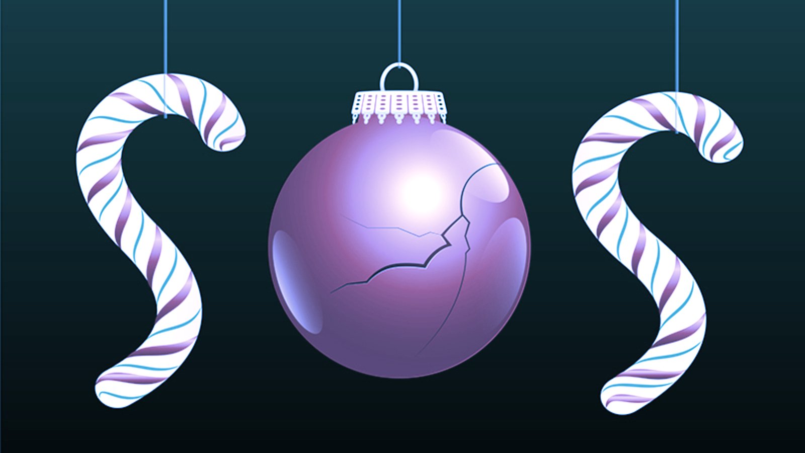 A damaged christmas ball and two candy canes make the word SOS. Image: Shutterstock