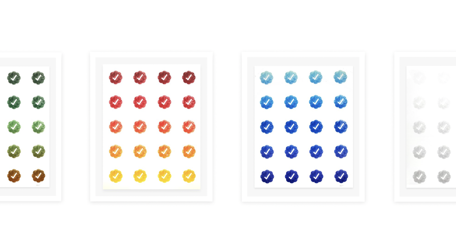 Checks Elements prints side by side, grids of checkmarks in greens, reds and yellows, blues and greys