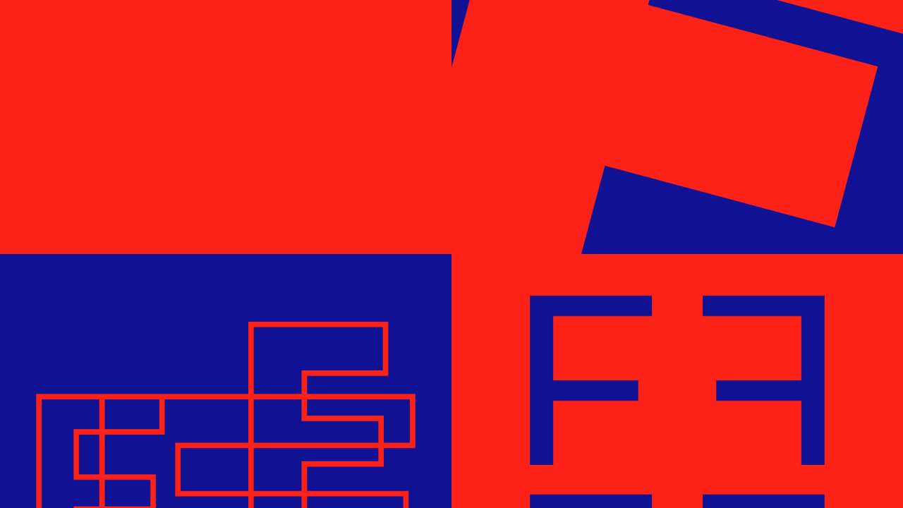 A Themes and Variations test mint: red and blue blocks with outlined F letterforms