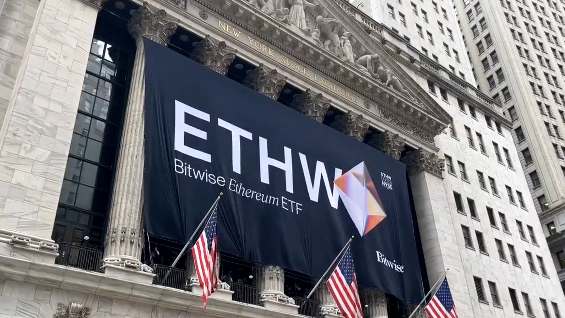 Bitwise Ethereum ETF Banner Hung on New York Stock Exchange